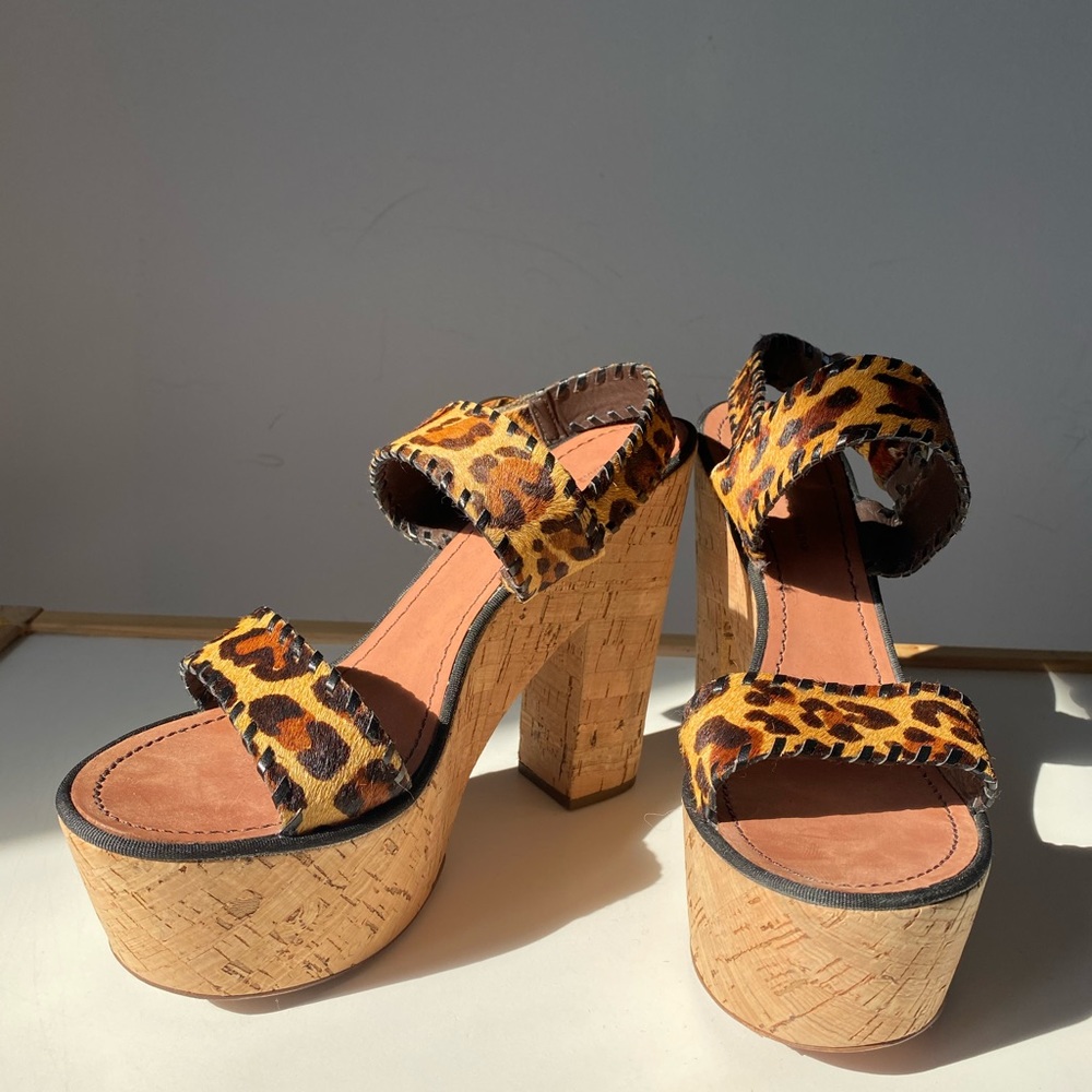 DVF Platform Sandal Leopard Fur Leather Cork Heels